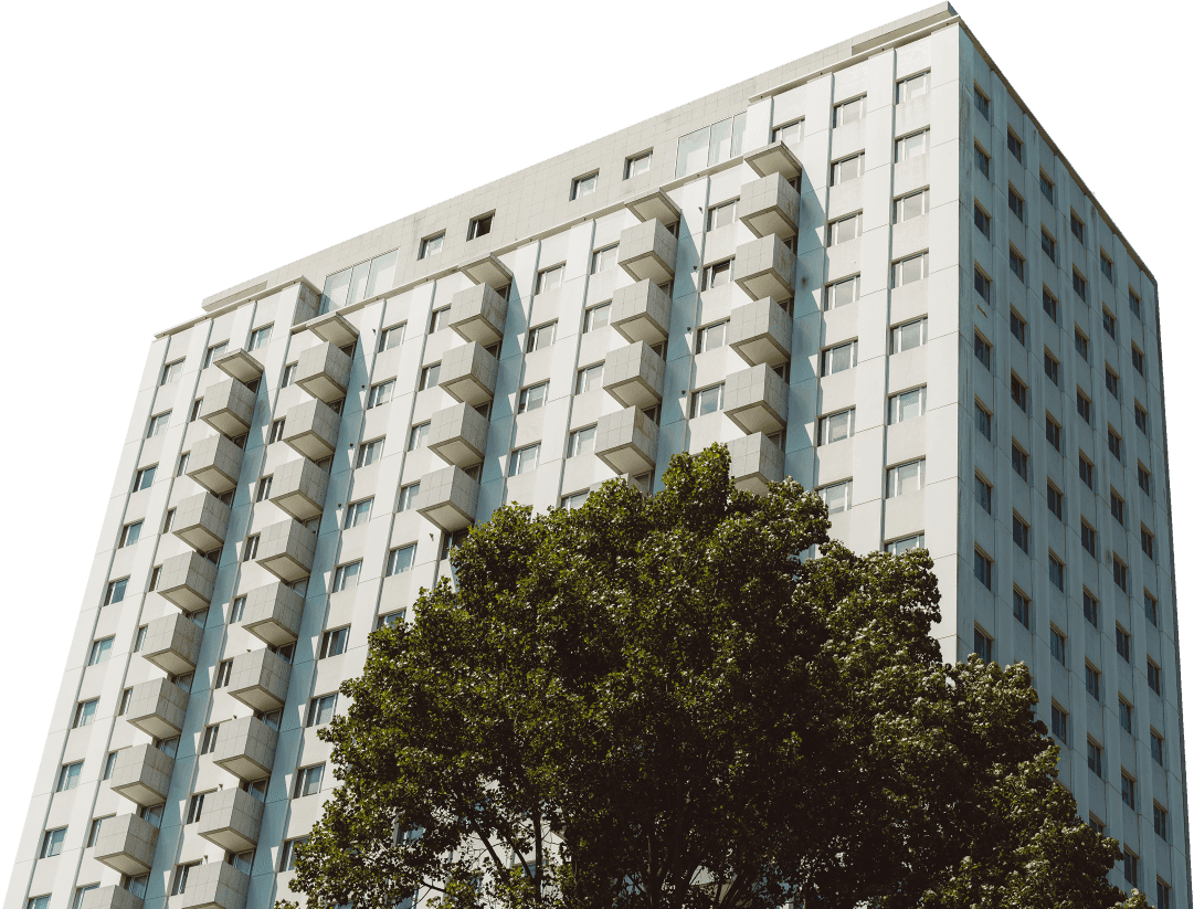 Vysoký panelový bytový dům s řadou balkonů a vzrostlým stromem v popředí